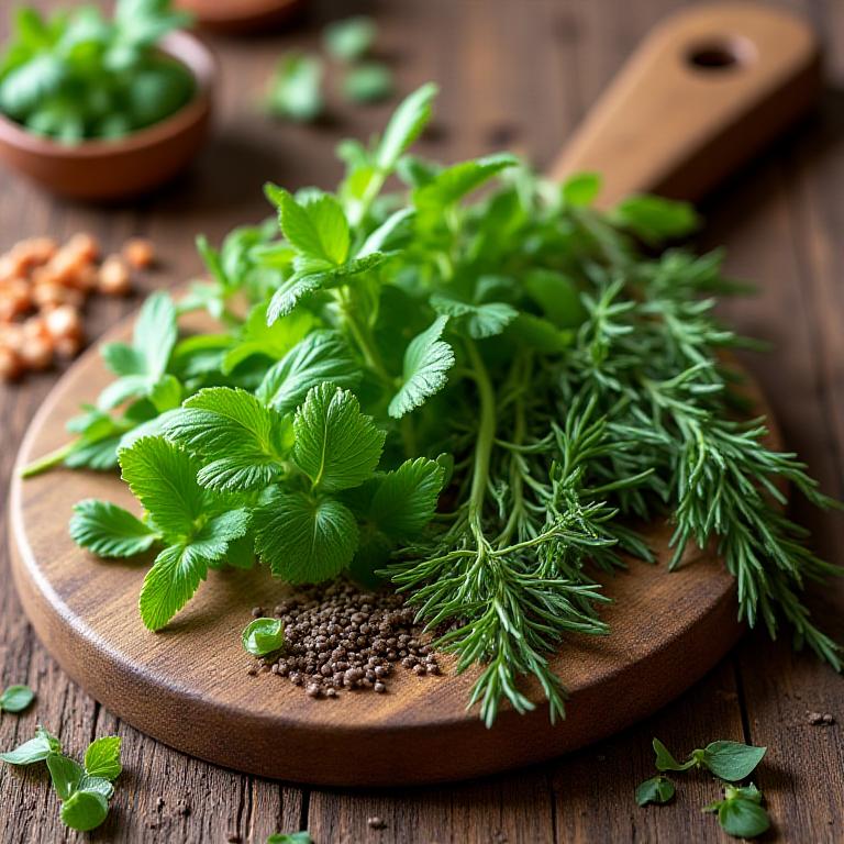 Fresh botanical herbs and natural wellness ingredients arranged on a wooden surface